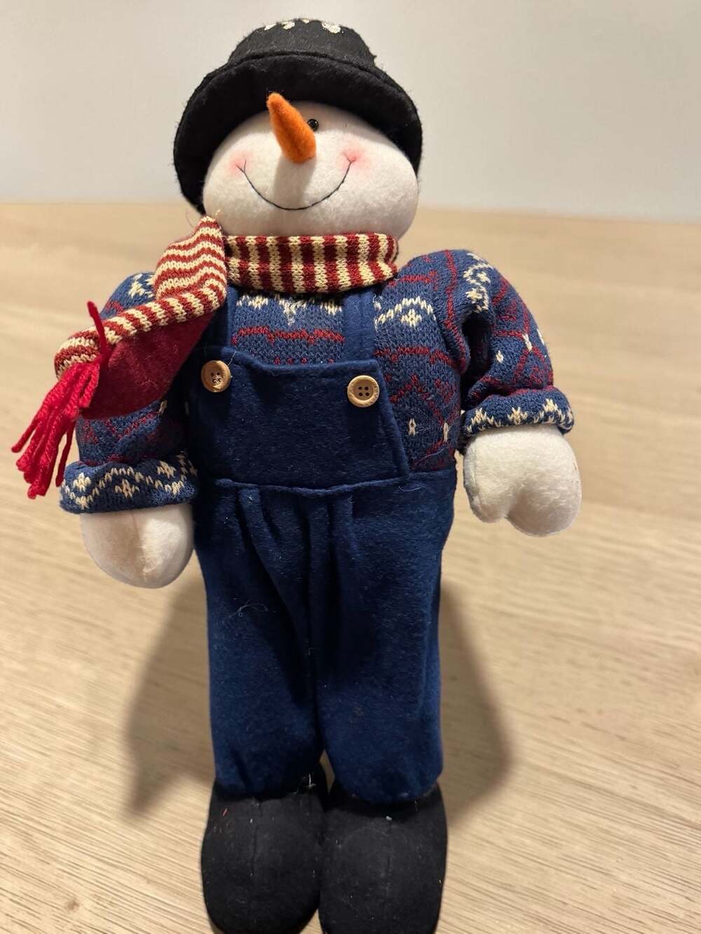 Vintage Christmas Snowman Plush Figurine in Blue Overalls with Bucket and Scarf
